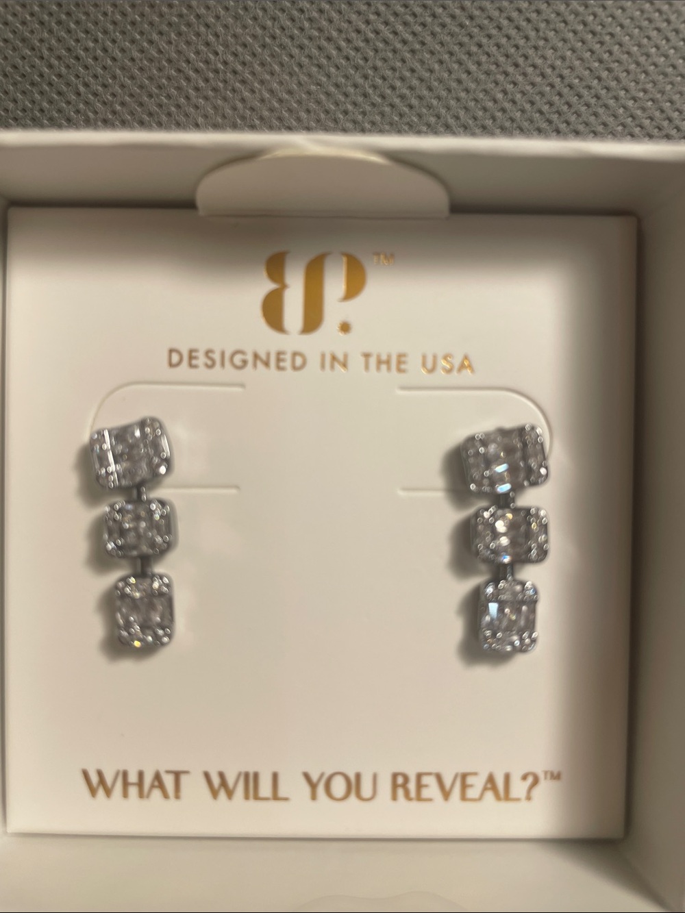 Bomb Party Diamond CZ in Silver Hematite Plating Drop Earrings in original box